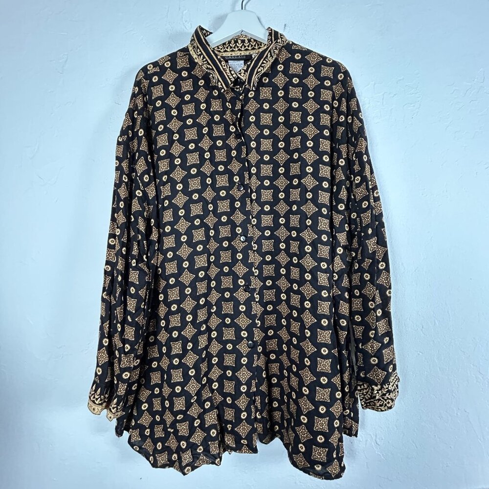 Cascais Womens 3X Black & Gold Geometric Pattern Button-Down Shirt Long Sleeve